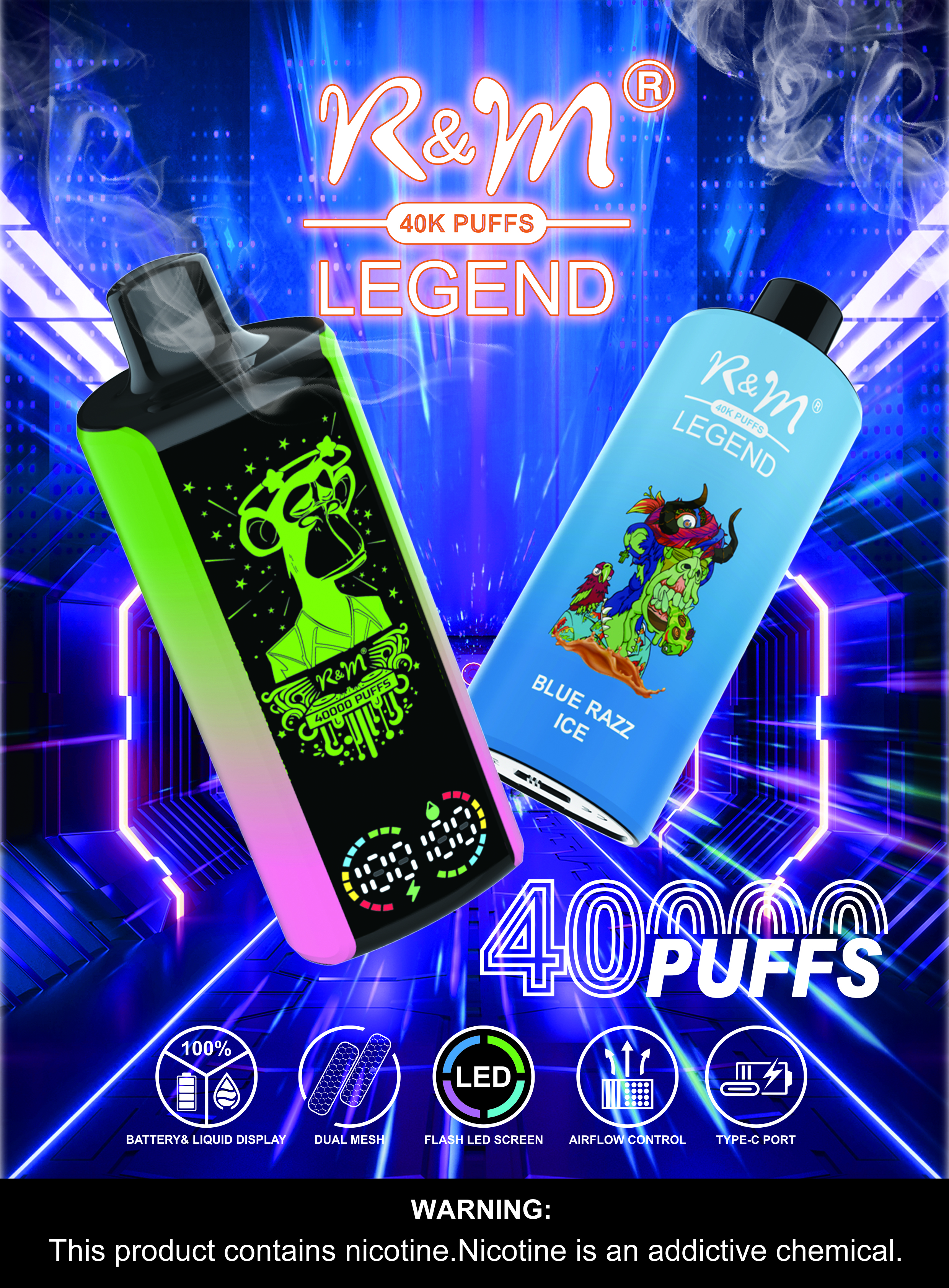 Europe Wholesale Disposable Vape Electronic Cigarette Watermelon ice R&M Tornado RandM Legend 40000Puffs With Mega Screen