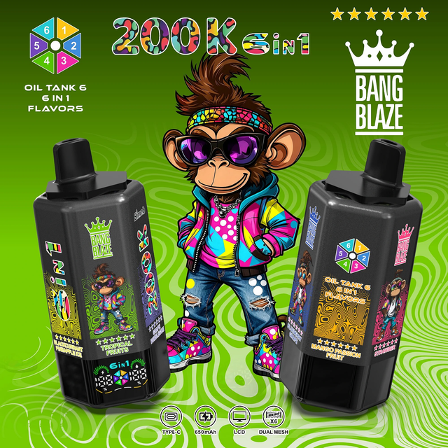 Bang blaze 200000 200K Puffs 6 in 1 Flavors Rechargeable Disposable Vape with 6 Oil Tanks & LCD Display