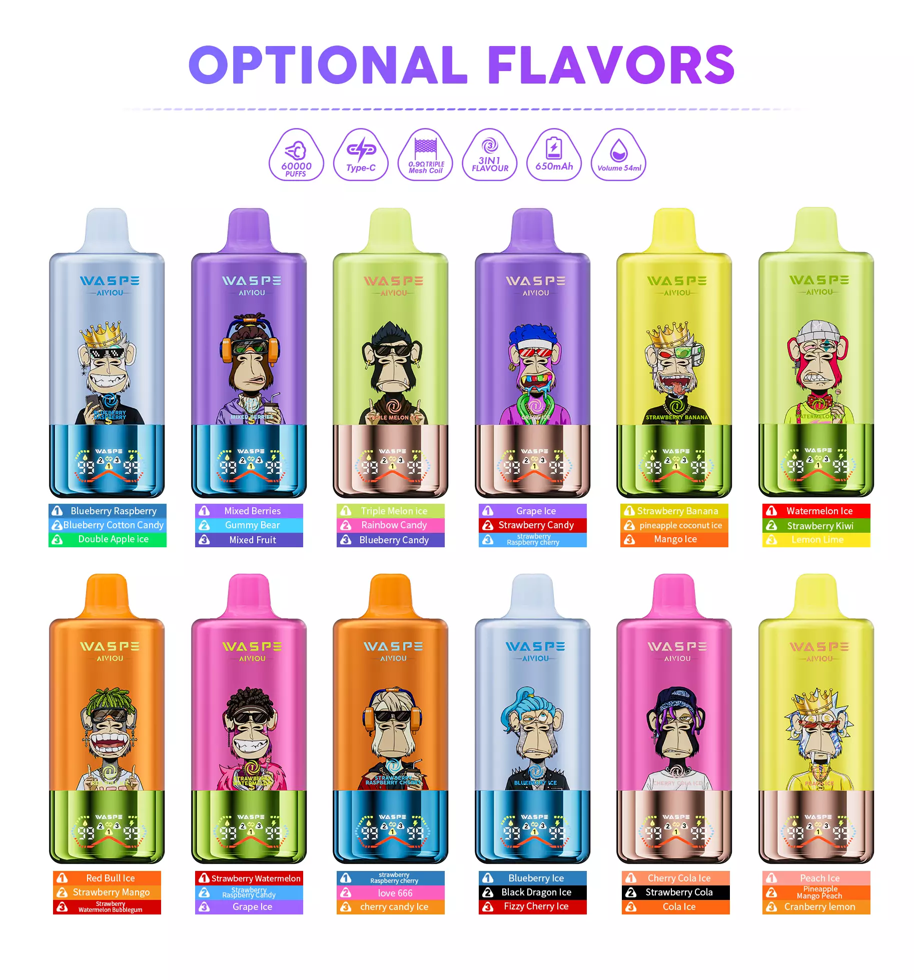 WASPE AIVIOU 60000 Puffs Triple Flavor Digital Screen 0% 2% 5% Low Nicotine Original Factory Bulk Buy Rechargeable Disposable Vapes Pen Wholesale