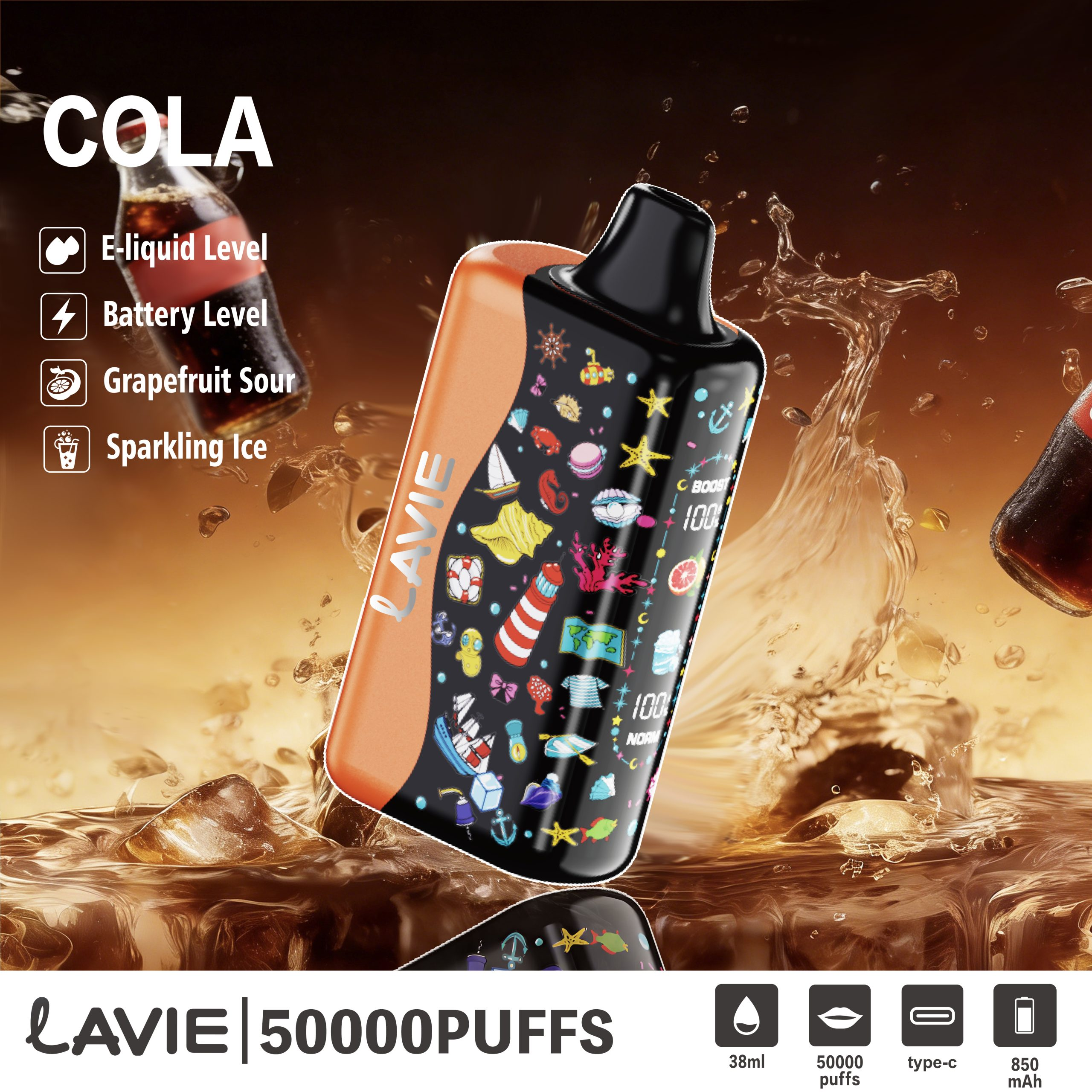 Lavie 50K Puffs Rechargeable Disposable Vape 38mL E-Liquid Type-C