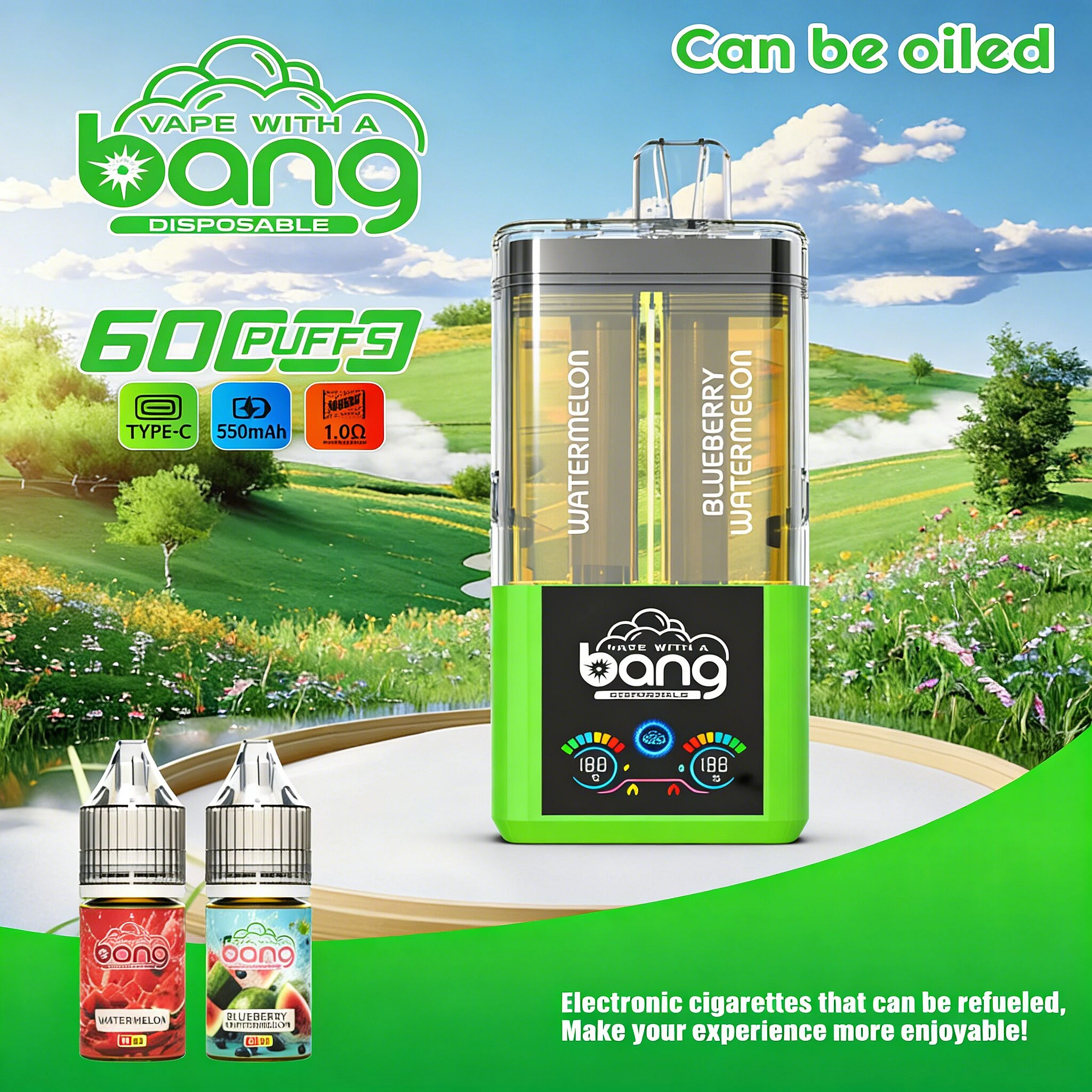Bang 60000 60K Puffs 2 IN 1 Flavors Refillable Oil Vape with Digital Display