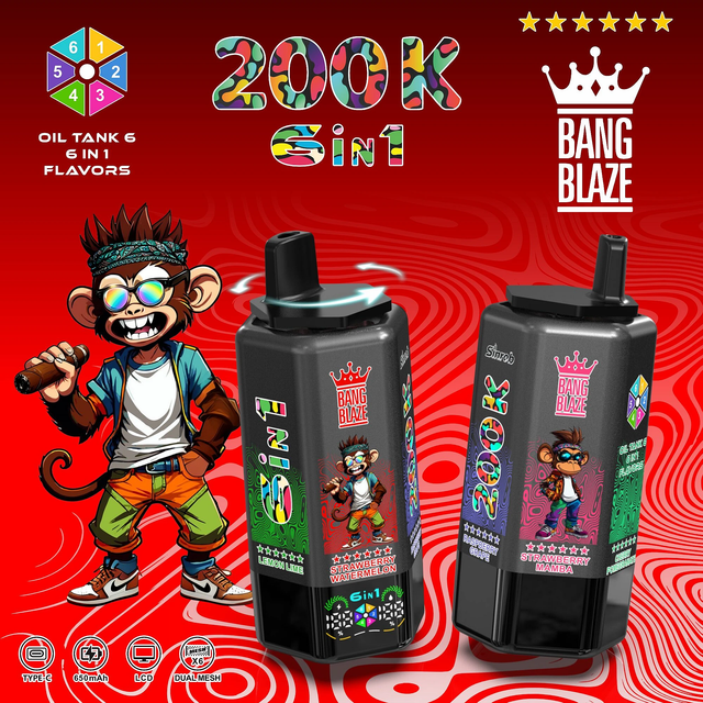 Bang blaze 200000 200K Puffs 6 in 1 Flavors Rechargeable Disposable Vape with 6 Oil Tanks & LCD Display