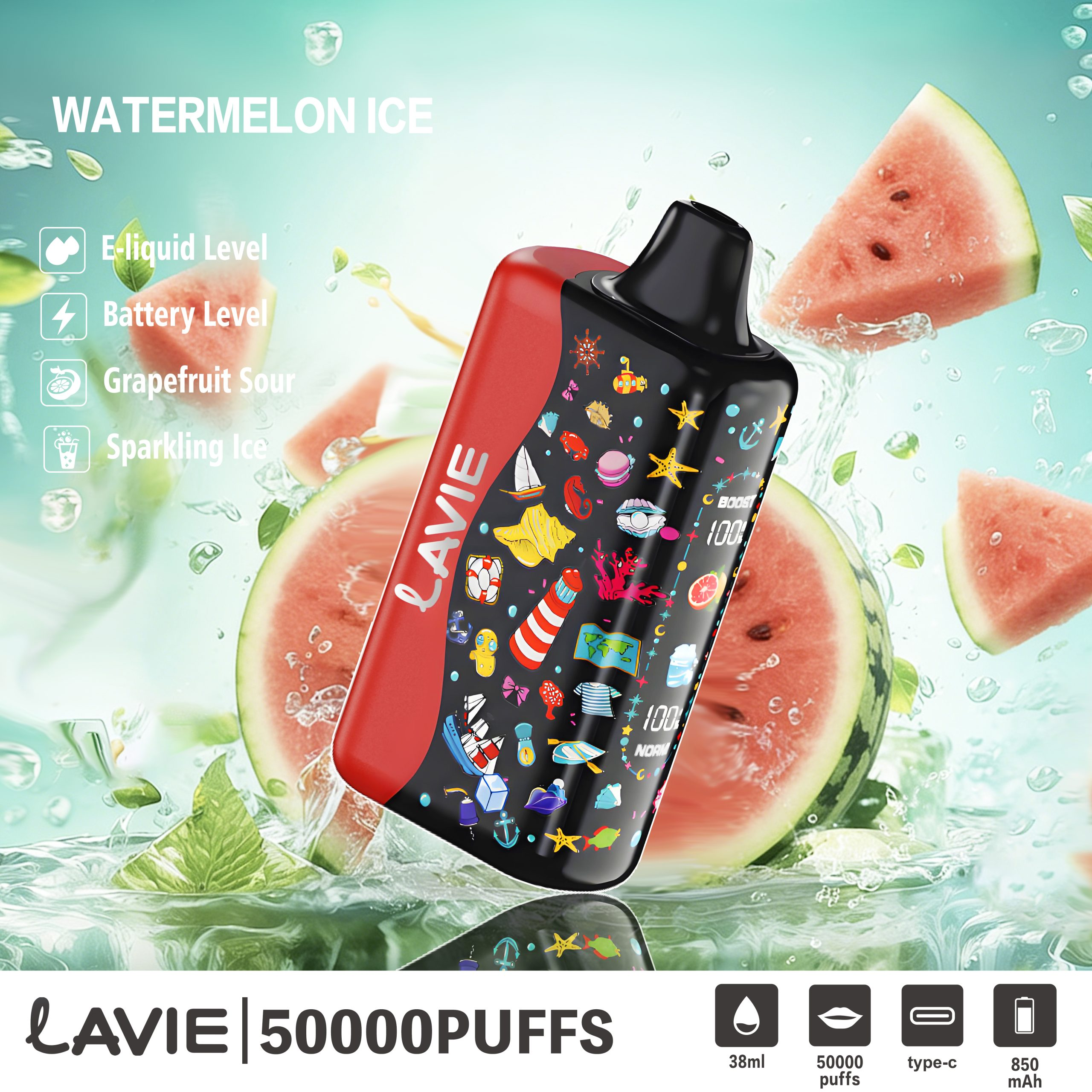 Lavie 50K Puffs Rechargeable Disposable Vape 38mL E-Liquid Type-C