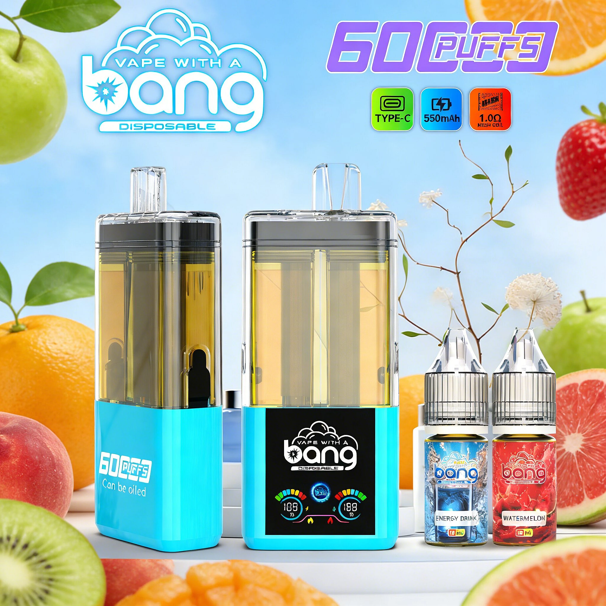 Bang 60000 60K Puffs 2 IN 1 Flavors Refillable Oil Vape with Digital Display