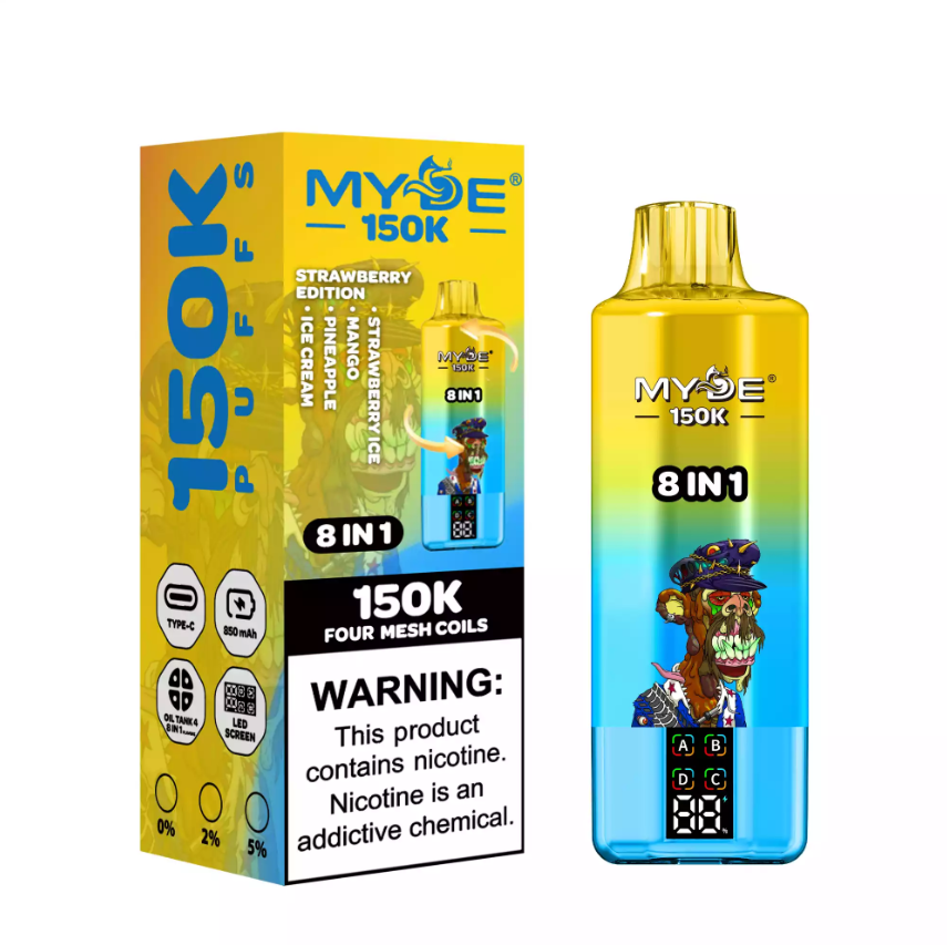 Long Lasting Premium MYDE 8 IN 1 Nicotine 150000 Puffs LED Display Screen Rechargeable Disposable Vape Pen E-Cigarette Wholesale