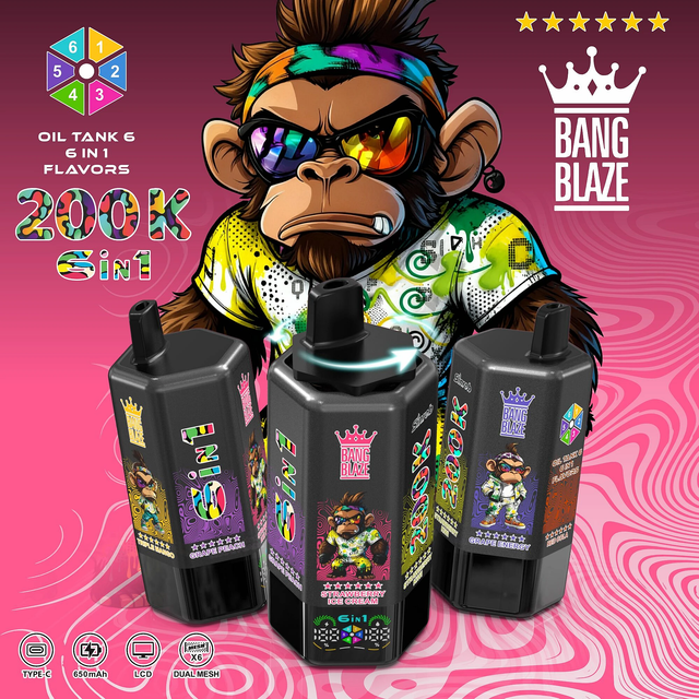 Bang blaze 200000 200K Puffs 6 in 1 Flavors Rechargeable Disposable Vape with 6 Oil Tanks & LCD Display