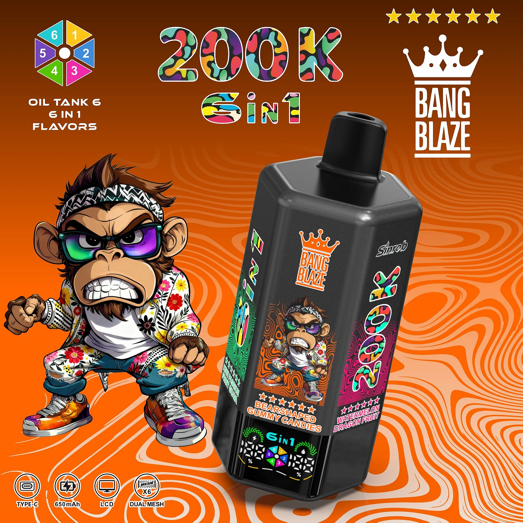 Bang blaze 200000 200K Puffs 6 in 1 Flavors Rechargeable Disposable Vape with 6 Oil Tanks & LCD Display